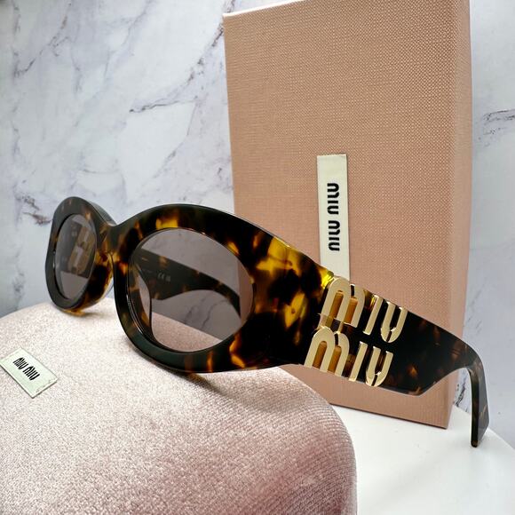 New MIU MIU Sunglasses Brown Tortoise Shell Oval Acetate Gold Logo Italy main image 15